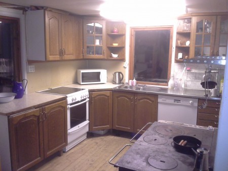 Köksdelen med vedspis och elspis